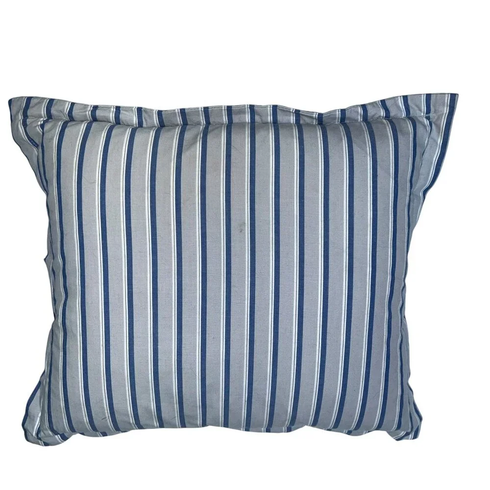 thomas o'brien vintage modern blue gray ticking stripe down fill throw pillow